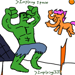 Size: 592x591 | Tagged: safe, derpibooru import, scootaloo, space, sun, the incredible hulk