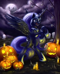 Size: 1500x1851 | Tagged: dead source, safe, artist:polkin, derpibooru import, nightmare moon, alicorn, parasprite, pony, candle, cloud, female, jack-o-lantern, mare, moon, rearing, stars, tombstones, tree