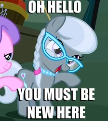 Size: 358x400 | Tagged: safe, derpibooru import, edit, edited screencap, screencap, diamond tiara, silver spoon, caption, image macro, meme, waving, you must be new here