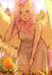 Size: 1464x2100 | Tagged: safe, artist:lolita-yaoi-girl, derpibooru import, fluttershy, bird, human, animal, backlighting, clothes, dress, eared humanization, grass, humanized, orange frog, solo, winged humanization