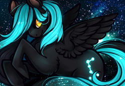 Size: 800x550 | Tagged: safe, artist:dragon-frog, derpibooru import, oc, oc only, oc:monoceros, pegasus, pony, flying, male, solo, space, stallion