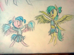 Size: 2048x1536 | Tagged: safe, artist:ipoxitye, derpibooru import, oc, oc only, pegasus, pony, bipedal, cheerleader, clothes, midriff, skirt, traditional art