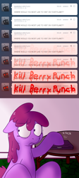 Size: 750x1673 | Tagged: safe, artist:skoon, derpibooru import, berry punch, berryshine, earth pony, pony, ask, ask berry punch, female, floppy ears, looking sideways, mare, shrunken pupils, solo, tumblrbot