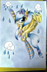 Size: 723x1106 | Tagged: safe, artist:xchrysalisssx, derpibooru import, sunshower raindrops, bow, chest fluff, clothes, cloud, cloudy, rain, socks, solo, striped socks, tiara, traditional art