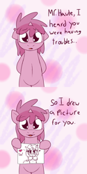 Size: 750x1500 | Tagged: safe, artist:skoon, derpibooru import, ruby pinch, pony, ask, ask berry punch, bipedal, drawing, heart, solo