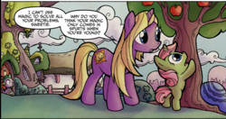 Size: 710x375 | Tagged: safe, artist:agnesgarbowska, derpibooru import, idw, spike, dragon, unicorn, spoiler:comic, apple, apple tree, female, filly, foal, golden oaks library, magic, mare, mother, mother and child, mother and daughter, parent and child, tree