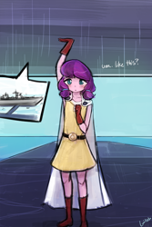 Size: 500x750 | Tagged: safe, artist:lumineko, lily longsocks, equestria girls, blushing, clothes, cosplay, costume, cute, equestria girls-ified, female, lifting, looking at you, one punch man, ship, solo, super strength