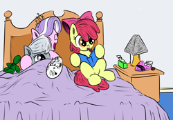 Size: 856x596 | Tagged: safe, artist:tiki2, artist:xioade, apple bloom, diamond tiara, silver spoon, anonymous, bed, book, bow, cast, cute, diamondbetes, doll, eyes closed, female, glasses off, happy, hoof hold, hug, laughing, lesbian, open mouth, plushie, reading, shipping, silvertiara, sitting, smiling, tiara, toy