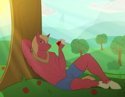 Size: 1155x892 | Tagged: safe, artist:sketchbook_colt, derpibooru import, big macintosh, anthro, unguligrade anthro, abs, apple, armpits, bare chest, clothes, hooves, solo, topless