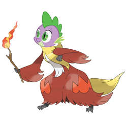 Size: 392x392 | Tagged: safe, derpibooru import, spike, dragon, fox, are you a wizard, delphox, fire, meme, pokémon, pokémon x and y, solo, stick, wat