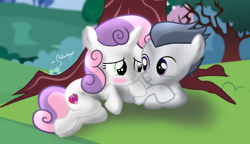 Size: 2000x1151 | Tagged: safe, artist:shutterflyeqd, rumble, sweetie belle, crusaders of the lost mark, anatomically incorrect, cutie mark, female, incorrect leg anatomy, male, rumbelle, shipping, straight, the cmc's cutie marks