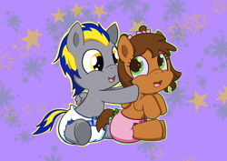 Size: 1248x883 | Tagged: safe, artist:artiecanvas, derpibooru import, oc, oc only, oc:emerald rush, oc:stargrazer, pony, baby, baby pony, diaper, foal, poofy diaper