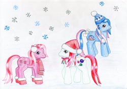 Size: 1024x722 | Tagged: safe, artist:normaleeinsane, derpibooru import, g3, boots, clothes, hat, marshmallow coco (g3), mistletoe (g3), scarf, snow, snow'el, snowfall, traditional art