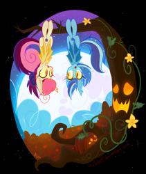 Size: 912x1081 | Tagged: safe, artist:meekcheep, derpibooru import, oc, oc only, oc:star struck, bat pony, pony, behaving like a bat, halloween, holiday, jack-o-lantern, moon, pumpkin, stars, tree, upside down