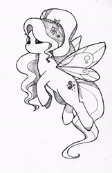 Size: 1700x2619 | Tagged: safe, artist:jamesieneko, derpibooru import, queen rosedust, rosedust, flutter pony, g1, flower, flower in hair, flying, g1 to g4, generation leap, monochrome, solo, traditional art