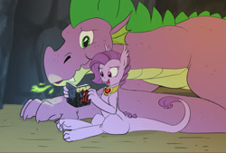 Size: 1272x860 | Tagged: safe, artist:carnifex, spike, oc, oc:lavender, dracony, dragon, hybrid, comic book, crossover, dragoness, dragonfire, duo, father and child, father and daughter, feels, female, fire, fire ruby, interspecies offspring, lying down, male, offspring, older, older spike, parent and child, parent:rarity, parent:spike, parents:sparity, ponified, prone, reading, sitting, spider-man