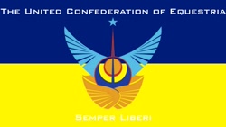 Size: 1191x670 | Tagged: safe, artist:pilotsolaris, derpibooru import, flag, latin, logo, united confederation of equestria