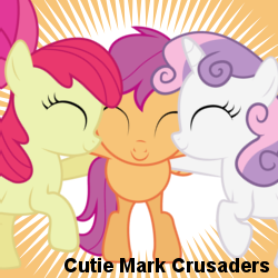 Size: 250x250 | Tagged: safe, derpibooru import, apple bloom, scootaloo, sweetie belle, cutie mark crusaders, spoilered image joke