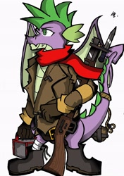 Size: 2818x3999 | Tagged: safe, artist:mcbain, derpibooru import, spike, dragon, bayonet, boots, clothes, gun, jacket, older, rifle, scarf, solo, teenager, weapon