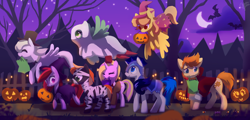 Size: 1280x616 | Tagged: safe, artist:dawnfire, derpibooru import, oc, bat, ghost, vampire, bedsheet ghost, clothes, colored pupils, costume, doctor who, fez, halloween, hat, jack-o-lantern, moon, mummy, night, night guard, nightmare night, pumpkin