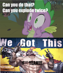 Size: 1004x1160 | Tagged: safe, derpibooru import, edit, edited screencap, screencap, spike, dragon, feeling pinkie keen, borderlands, borderlands 2, explosion, mister torgue flexington, torgue corporation, vulgar