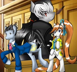 Size: 2004x1882 | Tagged: safe, artist:fourze-pony, derpibooru import, ace attorney, athena cykes, clothes, courtroom, crossover, feather, mutliple, parody, phoenix wright, ponified, simon blackquill