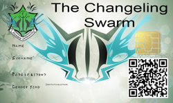 Size: 900x540 | Tagged: safe, artist:philomathicdusk, derpibooru import, changeling, card, changeling swarm (logo), id