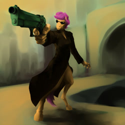 Size: 894x894 | Tagged: safe, artist:chiapetofdoom, derpibooru import, scootaloo, anthro, beretta, gun, pistol, ponified, solo, the matrix