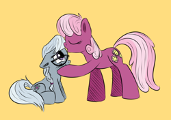 Size: 800x563 | Tagged: safe, artist:tiki2, artist:xioade, cheerilee, silver spoon, earth pony, pony, cheerispoon, duo, duo female, eyes closed, female, filly, glasses, kissing, mare, missing accessory, simple background