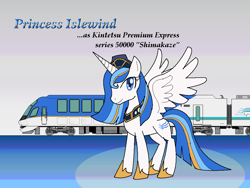 Size: 1024x768 | Tagged: safe, artist:tetsutowa, derpibooru import, oc, oc only, alicorn, pony, kintetsu, pixiv, ponified, railroad, shimakaze (train), solo, train