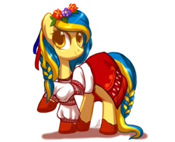 Size: 1260x1024 | Tagged: safe, artist:hellaoggi, derpibooru import, oc, oc:ukraine, clothes, nation ponies, shoes, skirt, solo, ukraine