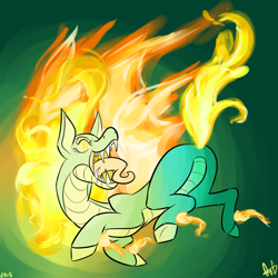 Size: 1000x1000 | Tagged: safe, artist:ogaraorcynder, tianhuo, longma, them's fightin' herds, community related, green background, mane of fire, maw, open mouth, plot, simple background, solo, teeth