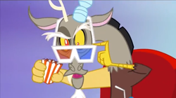 Size: 640x358 | Tagged: safe, derpibooru import, discord, season 4, 3d glasses, popcorn, solo