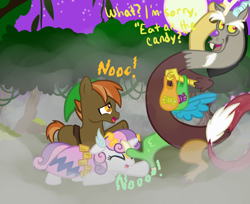 Size: 2450x2000 | Tagged: safe, artist:krystalderpx3, derpibooru import, button mash, discord, sweetie belle, candy, clothes, costume, dialogue, link, nightmare night, princess zelda, teasing, the legend of zelda