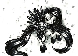 Size: 1057x756 | Tagged: safe, artist:frostykat13, derpibooru import, oc, oc only, black and white, black melody, grayscale, monochrome, solo