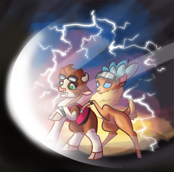 Size: 900x889 | Tagged: safe, artist:alorix, arizona cow, velvet reindeer, cow, deer, reindeer, them's fightin' herds, back to the future, bandana, cloven hooves, community related, female, lesbian, shipping, velvezona, velvezona daily