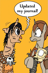Size: 365x549 | Tagged: safe, artist:hakar-kerarmor, derpibooru import, pony, unicorn, annah, broken horn, dialogue, floppy ears, looking at each other, meme, morte, open mouth, orange background, planescape torment, raised hoof, scar, screaming armor, shrunken pupils, simple background, the nameless one