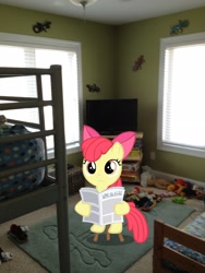 Size: 2448x3264 | Tagged: safe, artist:boltblazer, derpibooru import, apple bloom, bed, clothes, irl, newspaper, photo, ponies in real life, reading, shoes, solo, stool, television, toy, vector
