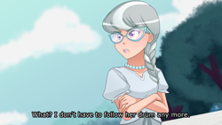 Size: 1280x720 | Tagged: safe, artist:jonfawkes, silver spoon, human, crusaders of the lost mark, braid, clothes, crossed arms, glasses, humanized, implied diamond tiara, necklace, offscreen character, open mouth, scene interpretation, solo, talking