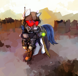 Size: 897x877 | Tagged: safe, artist:gikima, derpibooru import, oc, oc only, oc:cereal velocity, armor, clothes, commission, fallout, fallout: new vegas, gas mask, military, solo