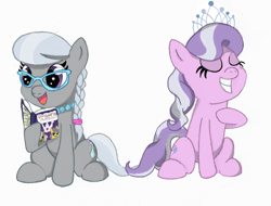Size: 600x455 | Tagged: safe, artist:swasfews, diamond tiara, silver spoon, earth pony, pony, book, duo, duo female, eyes closed, female, filly, glasses, pearl necklace, reading, smiling, tiara