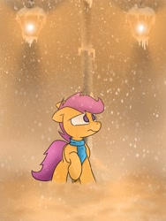 Size: 1536x2048 | Tagged: safe, artist:fuzzyfox11, derpibooru import, scootaloo, clothes, sad, scarf, scootalone, scootasad, snow, snowfall, solo