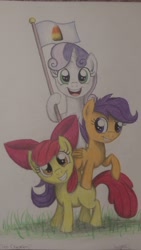 Size: 1728x3072 | Tagged: safe, artist:thefriendlyelephant, derpibooru import, apple bloom, scootaloo, sweetie belle, candy corn, cutie mark crusaders, object on drawing, photo, traditional art