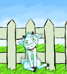 Size: 478x530 | Tagged: safe, artist:trickster-maplehoof, derpibooru import, oc, oc only, goat, blushing, fence, non-pony oc, solo