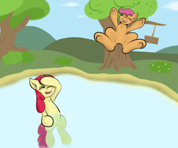 Size: 2400x2000 | Tagged: safe, artist:riscke, derpibooru import, apple bloom, scootaloo, armpits, swimming, water