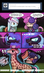 Size: 750x1250 | Tagged: safe, artist:lumineko, bon bon, lyra heartstrings, nightmare moon, sweetie drops, giraffe, :x, animal costume, ask, blushing, clothes, comic, costume, dreamluna, eyes closed, facesitting, floppy ears, food, grin, laughing, looking back, magic, nightmare night, open mouth, shivering, spit take, sweat, tea, teacup, telekinesis, tumblr, wide eyes