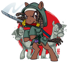 Size: 400x330 | Tagged: safe, artist:lordmesa, derpibooru import, zombie, crossover, michonne, ponified, sword, the walking dead