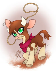 Size: 880x1120 | Tagged: safe, artist:joakaha, arizona cow, cow, them's fightin' herds, bandana, cloven hooves, community related, female, lasso, rope, signature, solo