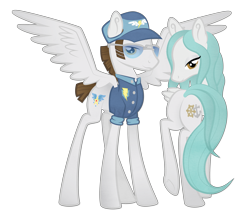 Size: 2953x2598 | Tagged: safe, artist:ivyhaze, derpibooru import, fast clip, manerick, oc, pegasus, pony, canon x oc, clothes, duo, female, hat, lidded eyes, male, mare, plot, shipping, simple background, spread wings, stallion, straight, sunglasses, transparent background, uniform, wings, wonderbolts dress uniform