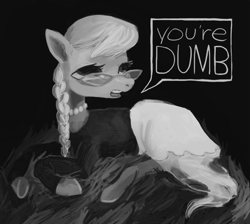 Size: 775x693 | Tagged: safe, artist:sterfler, derpibooru import, silver spoon, earth pony, pony, clothes, dark, dialogue, grayscale, monochrome, prone, solo, speech bubble